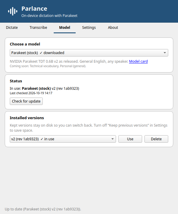 The desktop app (then named Parlance), Model tab: a model picker, its update status, and the installed versions